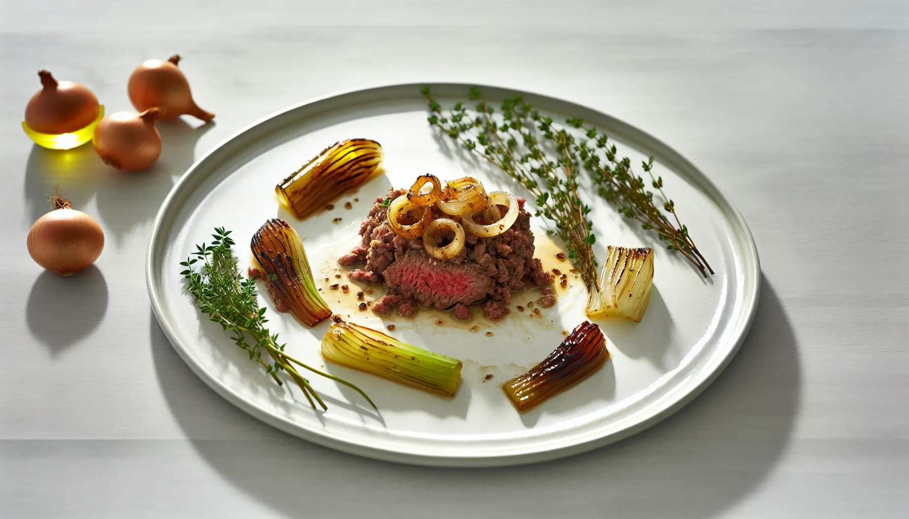 Precist tilberedt hakket oksekød med karamelliseret fennikel og timian