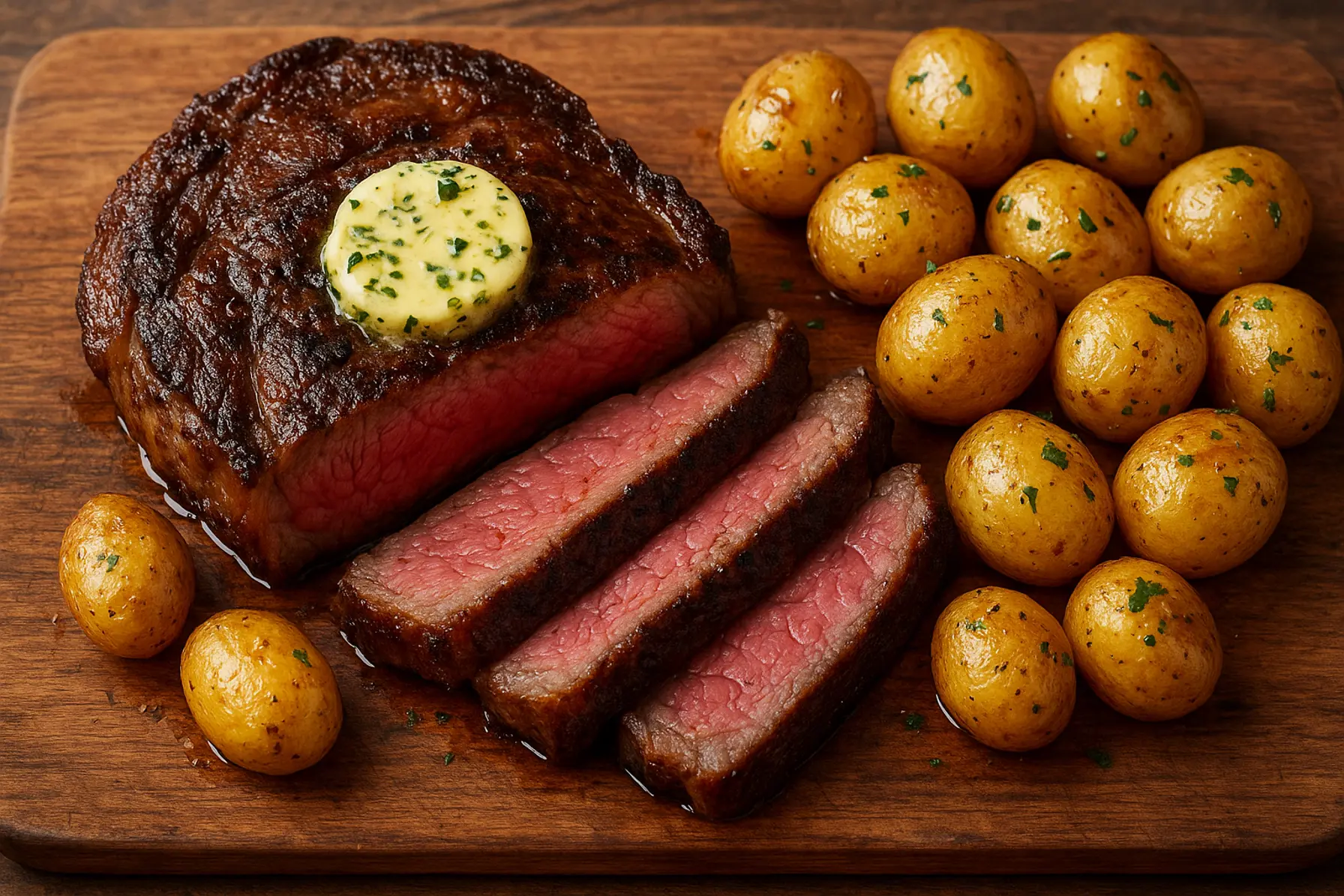 Røget ribeye med hvidløgssmør og kartofler