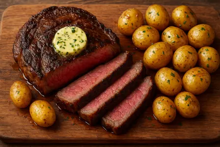 Røget ribeye med hvidløgssmør og kartofler