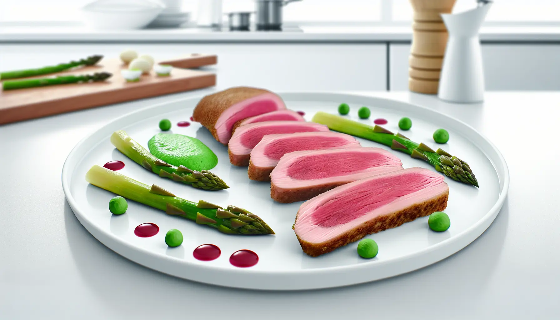 Rosa andebryst med sous-vide hvide asparges og ærtepuré