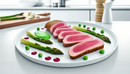 Rosa andebryst med sous-vide hvide asparges og ærtepuré