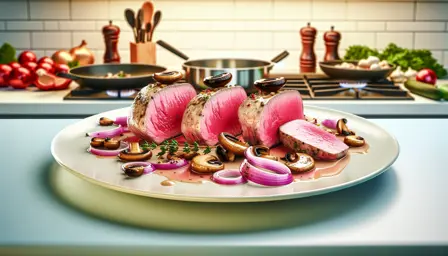 Rosa kalveculotte med svampe og bagte løg
