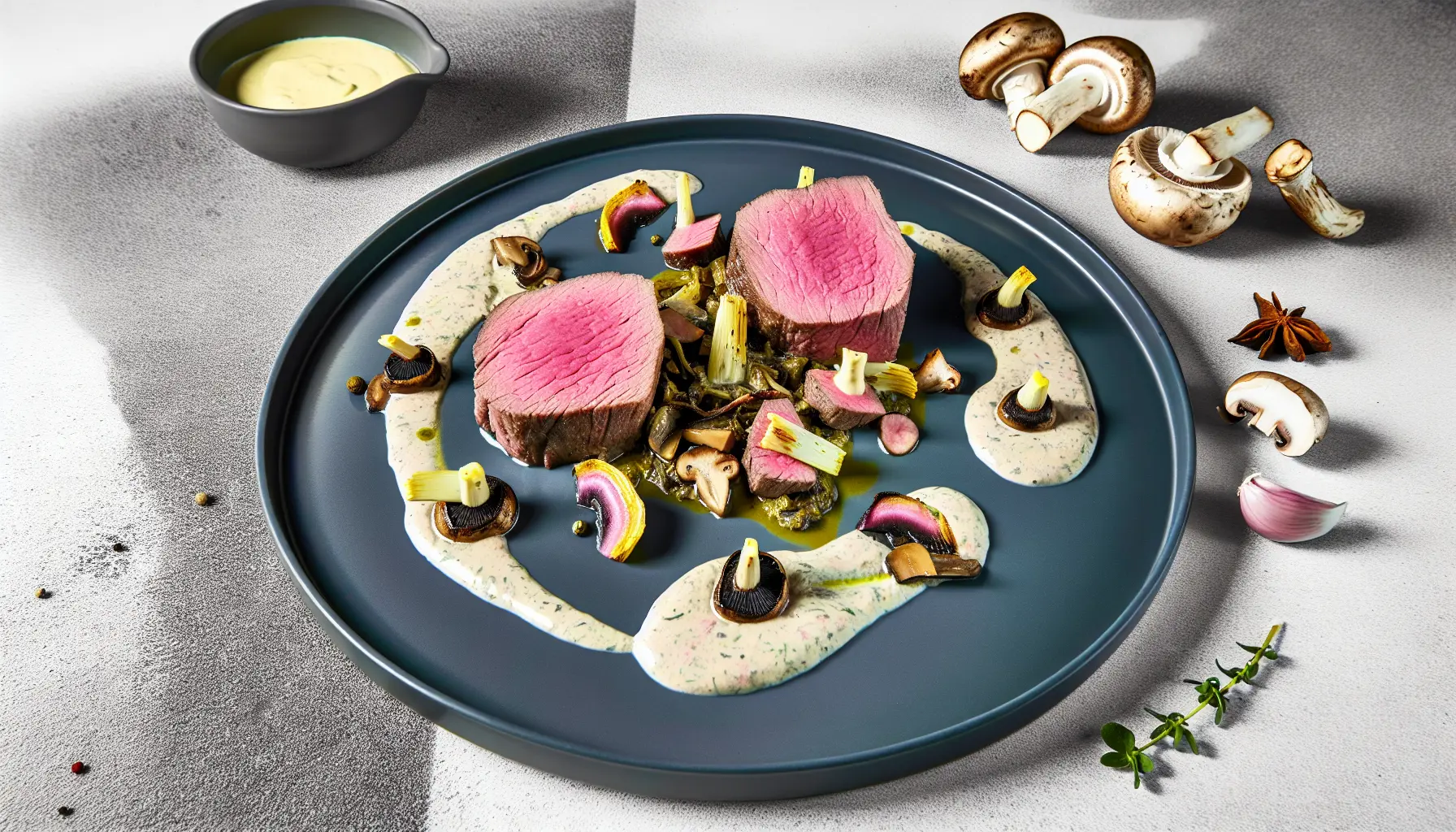Rosa okseinderlår med cremet jordskokke og svampesauce
