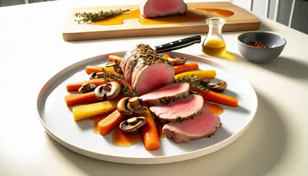 Rosa svinemørbrad med sous-vide bagte gulerødder og stegte champignon