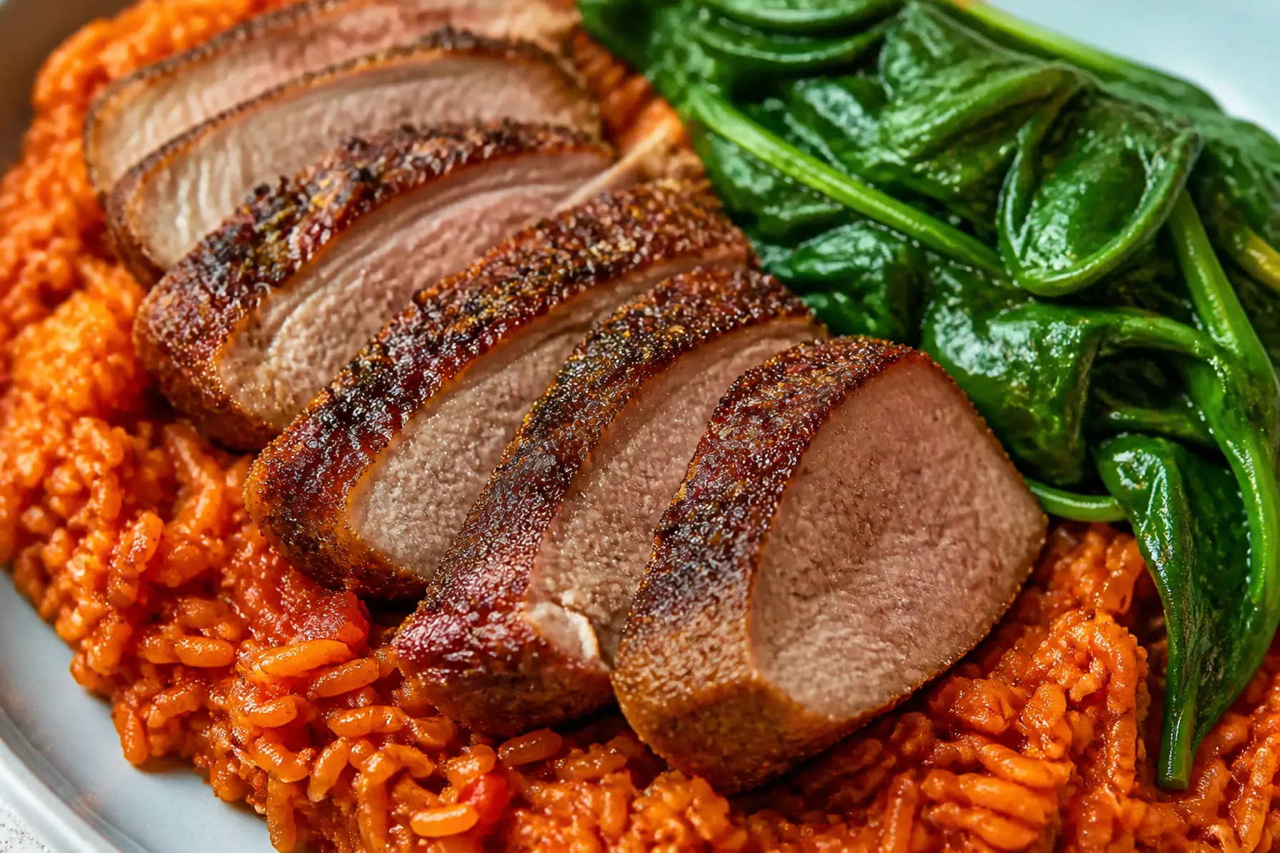 Saftig nakkefilet med tomatris og spinat