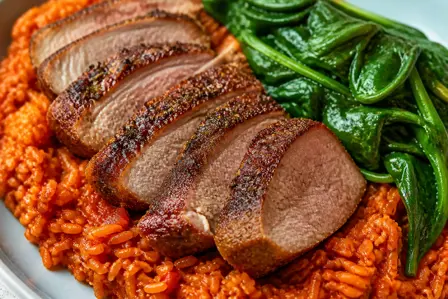 Saftig nakkefilet med tomatris og spinat