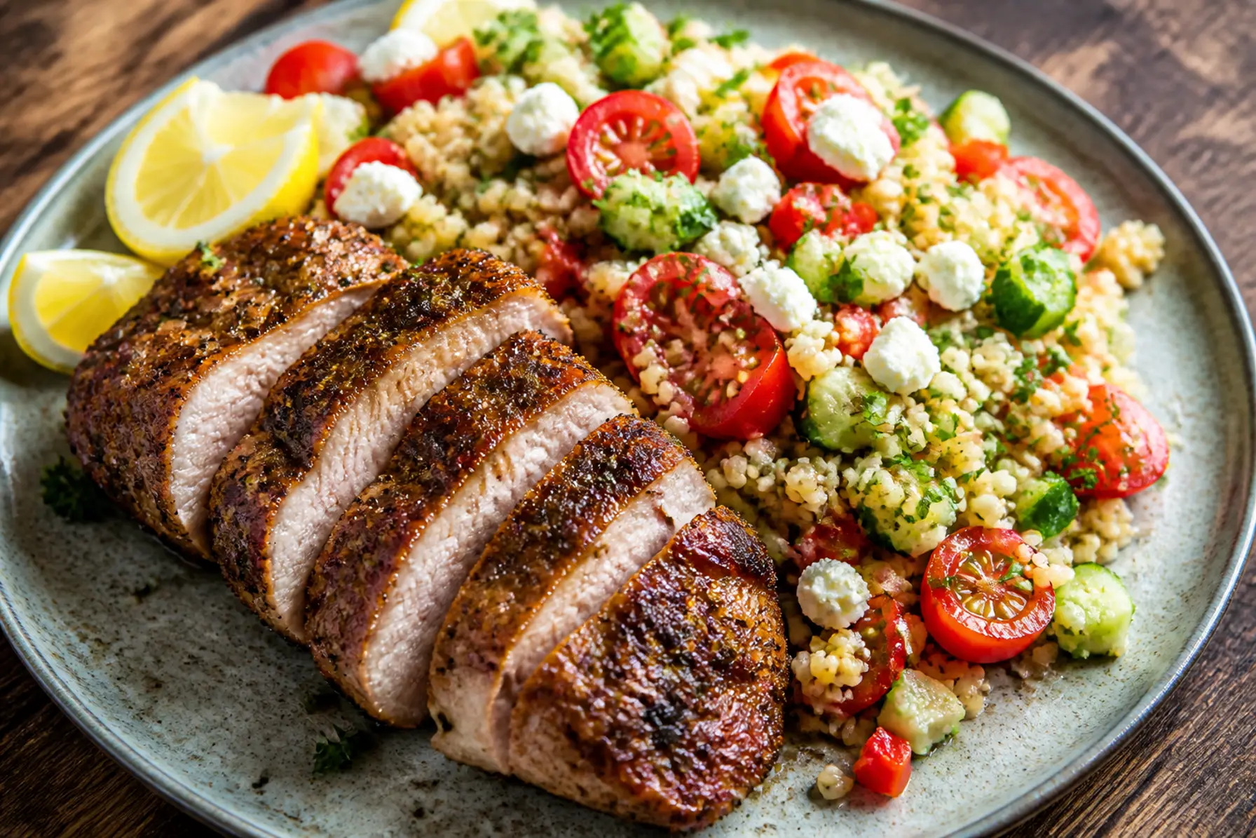 Saftige nakkekoteletter med bulgur og feta