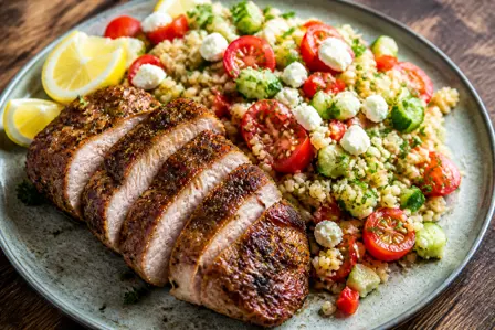 Saftige nakkekoteletter med bulgur og feta