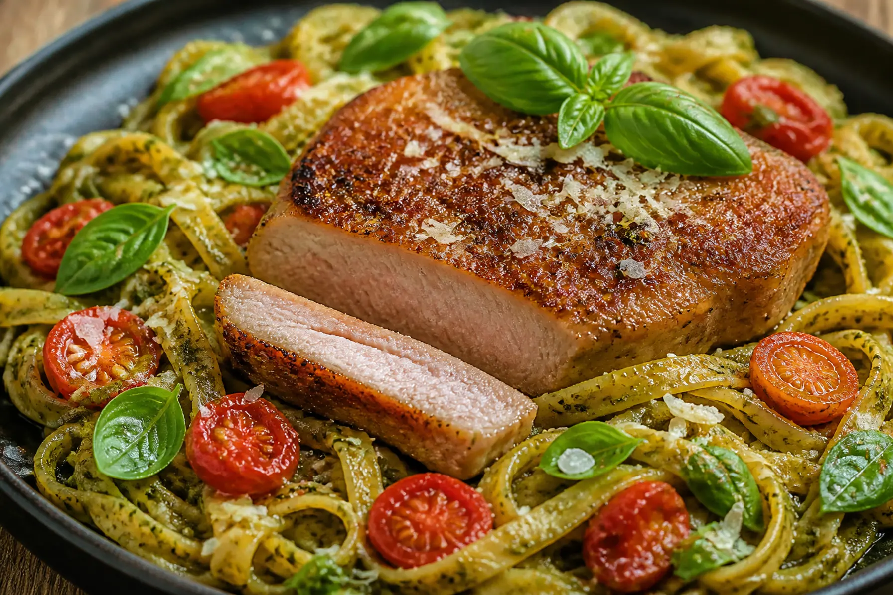 Saftige svinekoteletter med pesto og pasta