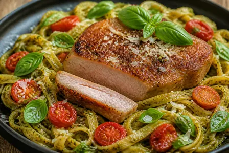 Saftige svinekoteletter med pesto og pasta