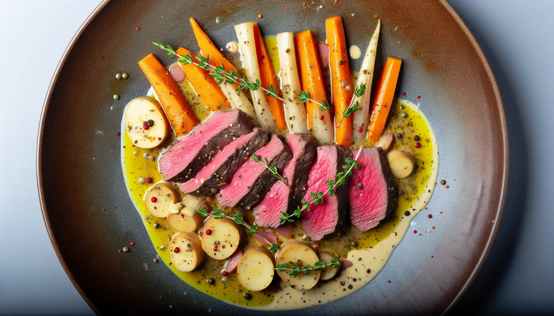 Saftigt okseflanksteak med rodfrugter og pebersauce