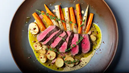 Saftigt okseflanksteak med rodfrugter og pebersauce