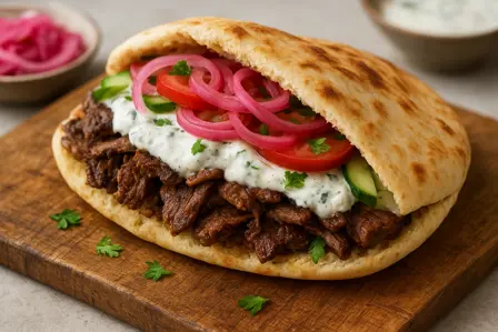 Shawarma af oksekød i pitabrød