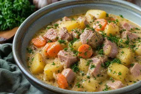 Skinkegryde med sennep og kartofler