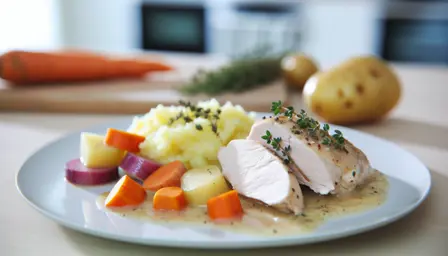 Sous-vide kyllingebryst med timiankrydret rodfrugtmos