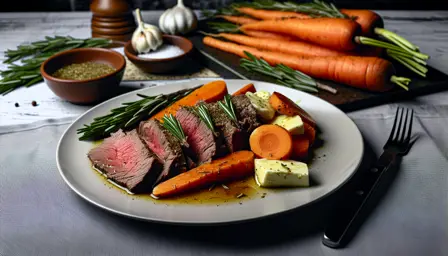 Sous-vide oksesteg med rosmarinsmør og glaserede gulerødder