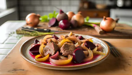 Sous-vide svinekæber med karamelliserede løg og rødbeder
