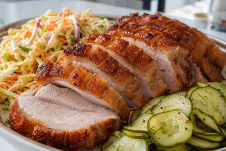 Sprød svinekam med coleslaw og agurker
