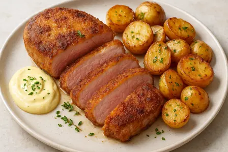 Sprød svinekotelet med kartofler og sennepscreme
