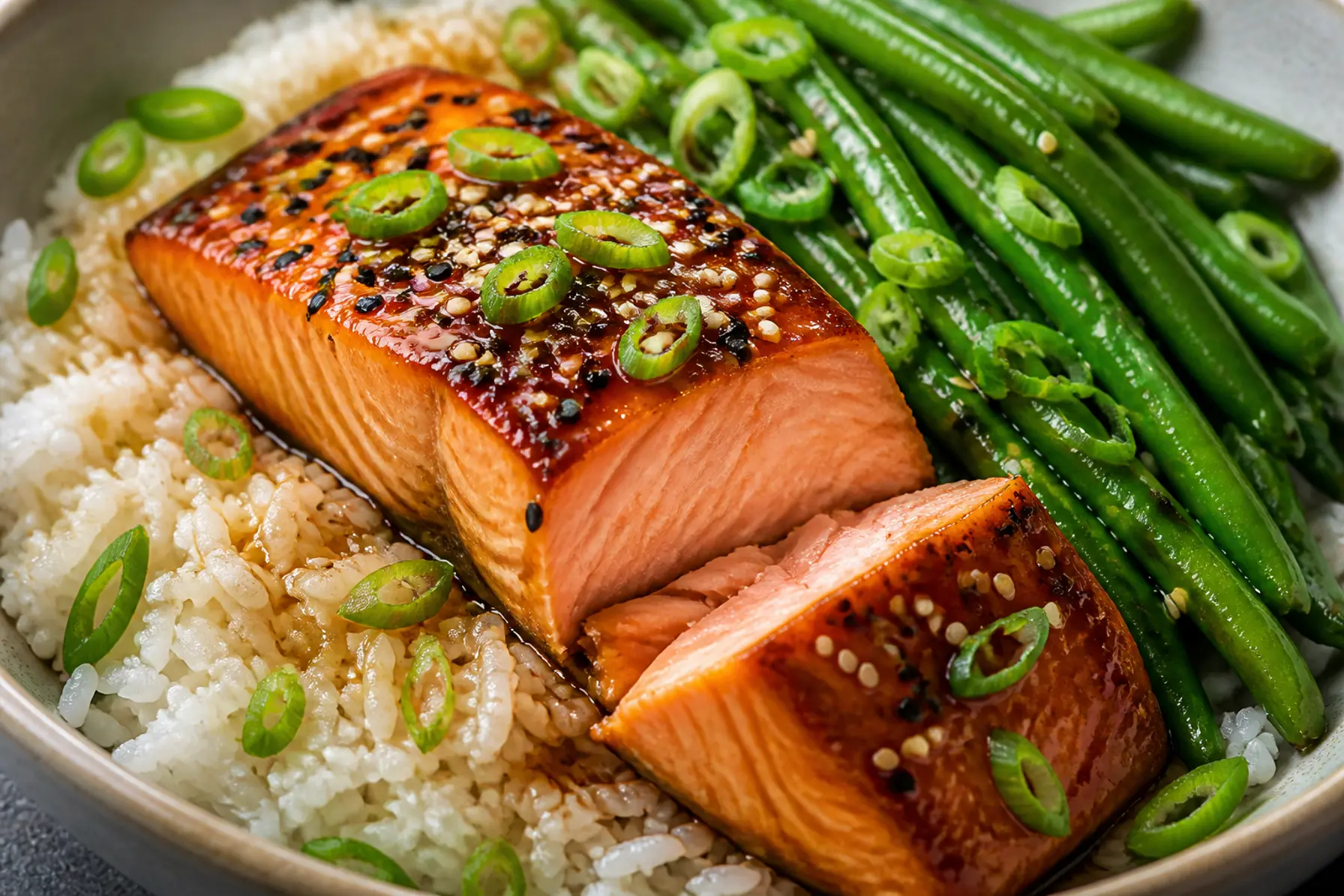 Teriyaki laks med ris og grønne bønner