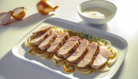 Tyndskåret svinefilet med karamelliserede løg og timiansauce